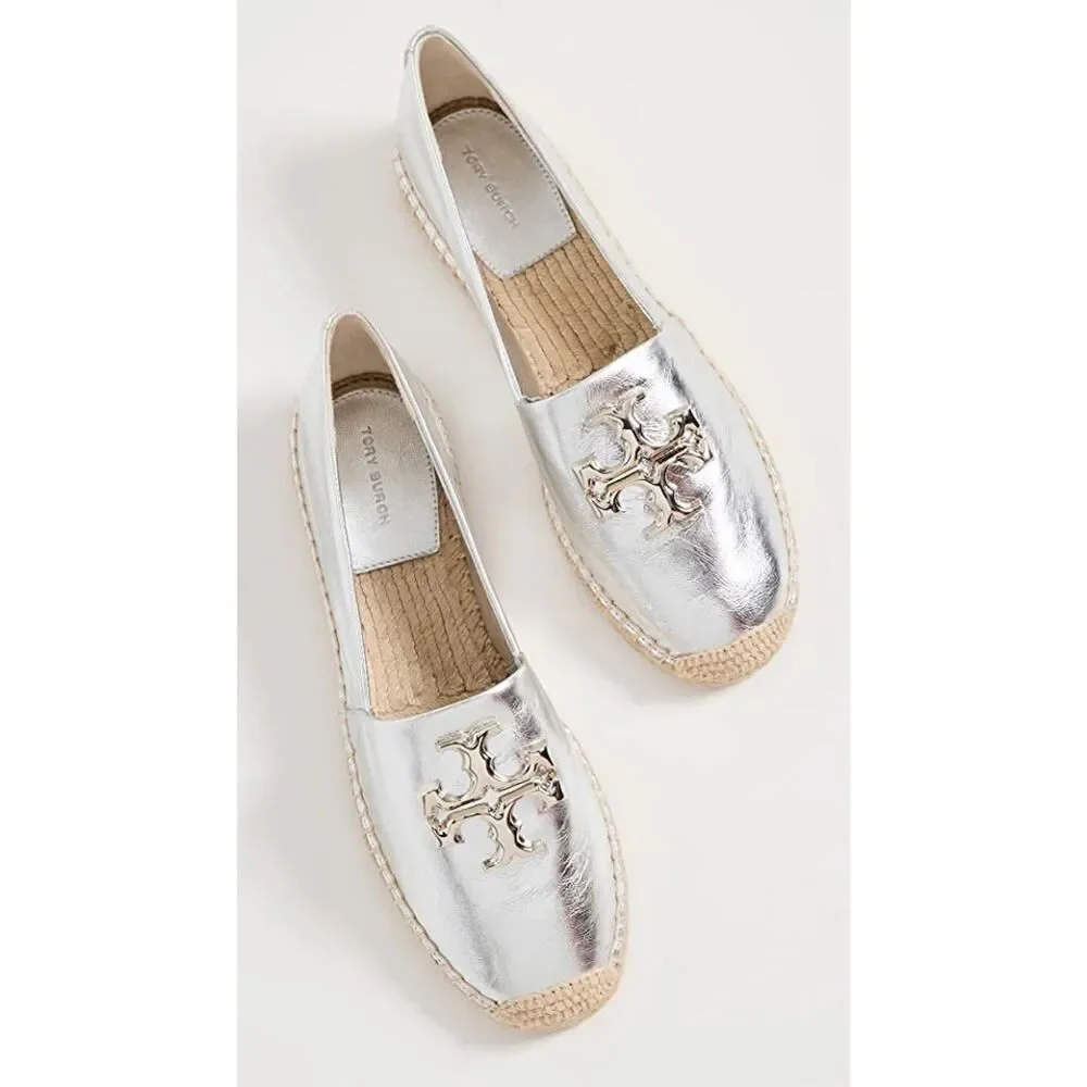 Tory Burch Eleanor Silver Leather Espadrilles Size 9.5 Metallic Logo Flat